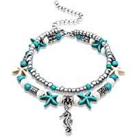 Los mejores  - Tobilleras bohemias Lucbuy para tobillo con diseño de tortuga de mar azul con cuentas de múltiples capas para playa…